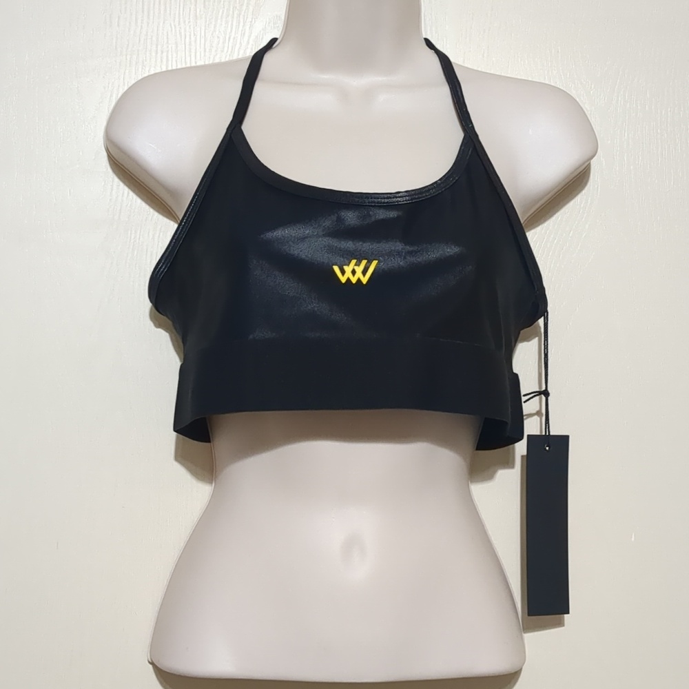 Noli Yoga Liquid Black Bra With Row House Logo Size Large NWT